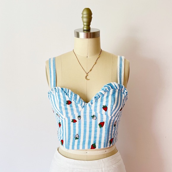 Maeve by Anthropologie Tops - Maeve Anthropologie Bustier Top Blue White Striped Strawberry Embroidered 2